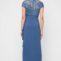 Long Embroidered Tulle Empire Waist Dress with Jersey Cascade Overlay Skirt