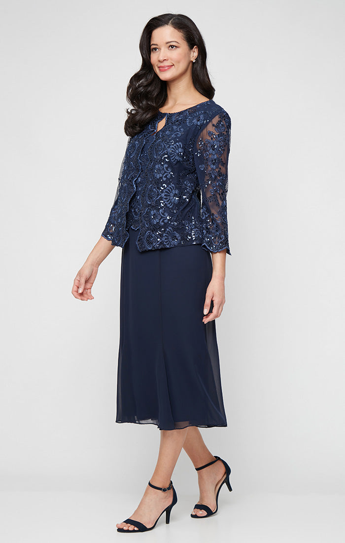 Petite Midi Embroidered Tulle Mock Jacket Dress with Hook Neck Closure Attached Jacket and Chiffon Skirt