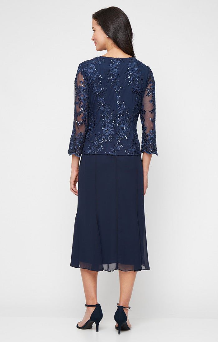 Midi Sequin Embroidered Tulle Mock Jacket Dress with Hook Neck Closure Attached Jacket and Chiffon Skirt