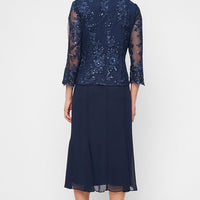Plus Midi Embroidered Tulle Mock Jacket Dress with Hook Neck Closure Attached Jacket and Chiffon Skirt