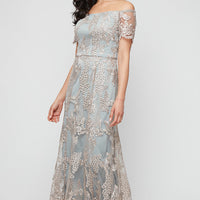 Long Embroidered Tulle Off the Shoulder Dress with Scallop Detail