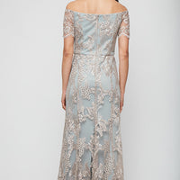 Long Embroidered Tulle Off the Shoulder Dress with Scallop Detail