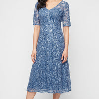 Midi Embroidered Tulle V-Neck Dress with Illusion Elbow Sleeves and A-Line Skirt
