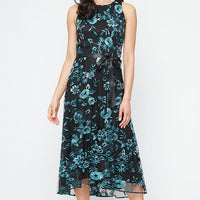 Midi Embroidered Tulle Sleeveless Dress with Tie Waist