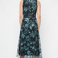 Midi Embroidered Tulle Sleeveless Dress with Tie Waist