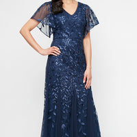 Long Embroidered Tulle Mermaid Dress with V-Neckline and Illusion Flutter Sleeves
