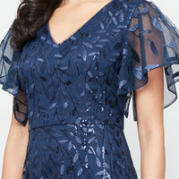 Long Embroidered Tulle Mermaid Dress with V-Neckline and Illusion Flutter Sleeves