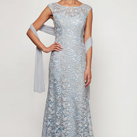 Long Embroidered Fit & Flare Dress with Illusion Neckline and Shawl