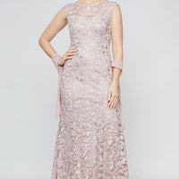 Long Embroidered Fit & Flare Dress with Illusion Neckline and Shawl