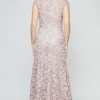 Long Embroidered Fit & Flare Dress with Illusion Neckline and Shawl