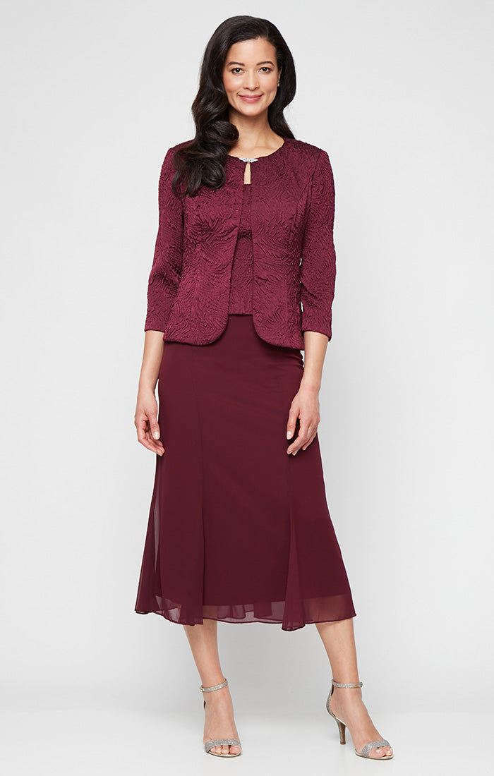 Petite Tea Length Textured Jacquard Mock Jacket Dress with Scoop Neck Bodice, Full Skirt and Decorative Hook Neck Closure Jacket