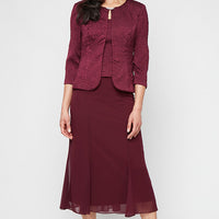 Tea Length Textured Jacquard Mock Jacket Dress with Scoop Neck Bodice, Full Skirt and Decorative Hook Neck Closure Jacket