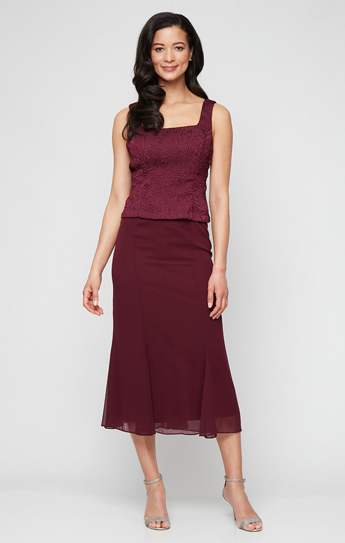 Petite Tea Length Textured Jacquard Mock Jacket Dress with Scoop Neck Bodice, Full Skirt and Decorative Hook Neck Closure Jacket