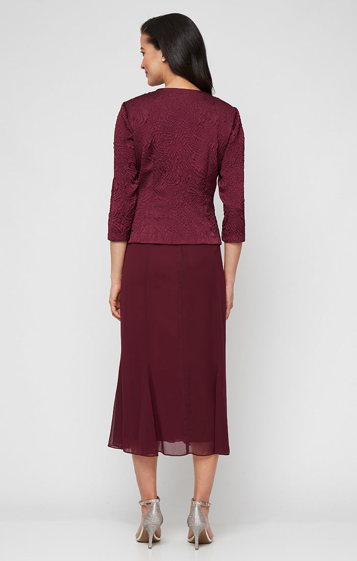 Petite Tea Length Textured Jacquard Mock Jacket Dress with Scoop Neck Bodice, Full Skirt and Decorative Hook Neck Closure Jacket