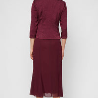 Tea Length Textured Jacquard Mock Jacket Dress with Scoop Neck Bodice, Full Skirt and Decorative Hook Neck Closure Jacket