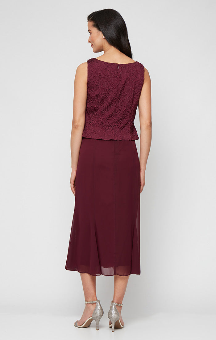 Petite Tea Length Textured Jacquard Mock Jacket Dress with Scoop Neck Bodice, Full Skirt and Decorative Hook Neck Closure Jacket