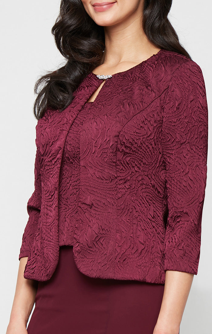 Petite Tea Length Textured Jacquard Mock Jacket Dress with Scoop Neck Bodice, Full Skirt and Decorative Hook Neck Closure Jacket