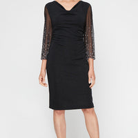 Regular - Short Cowl Neck Sheath Dress with Heat Set Illusion Sleeves