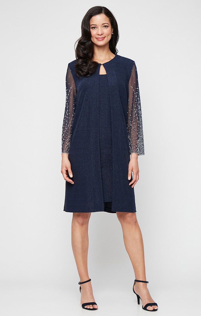 Short Metallic Knit Jacket Dress with Heat Set Illusion Sleeves and Elongated Jacket