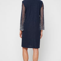 Plus Short Metallic Knit Jacket Dress with Heat Set Illusion Sleeves and Elongated Jacket