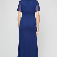 Long Surplice Neckline Mesh Dress with Flutter Sleeves, Embellishment at Hip and Cascade Skirt Detail