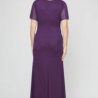 Plus - Mesh Gown with Flutter Sleeves, Embellishment at Hip and Cascade Skirt Detail