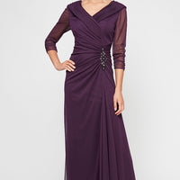 Long Portrait Collar Dress With Embellished Detail at Hip and Ruched Skirt Detail