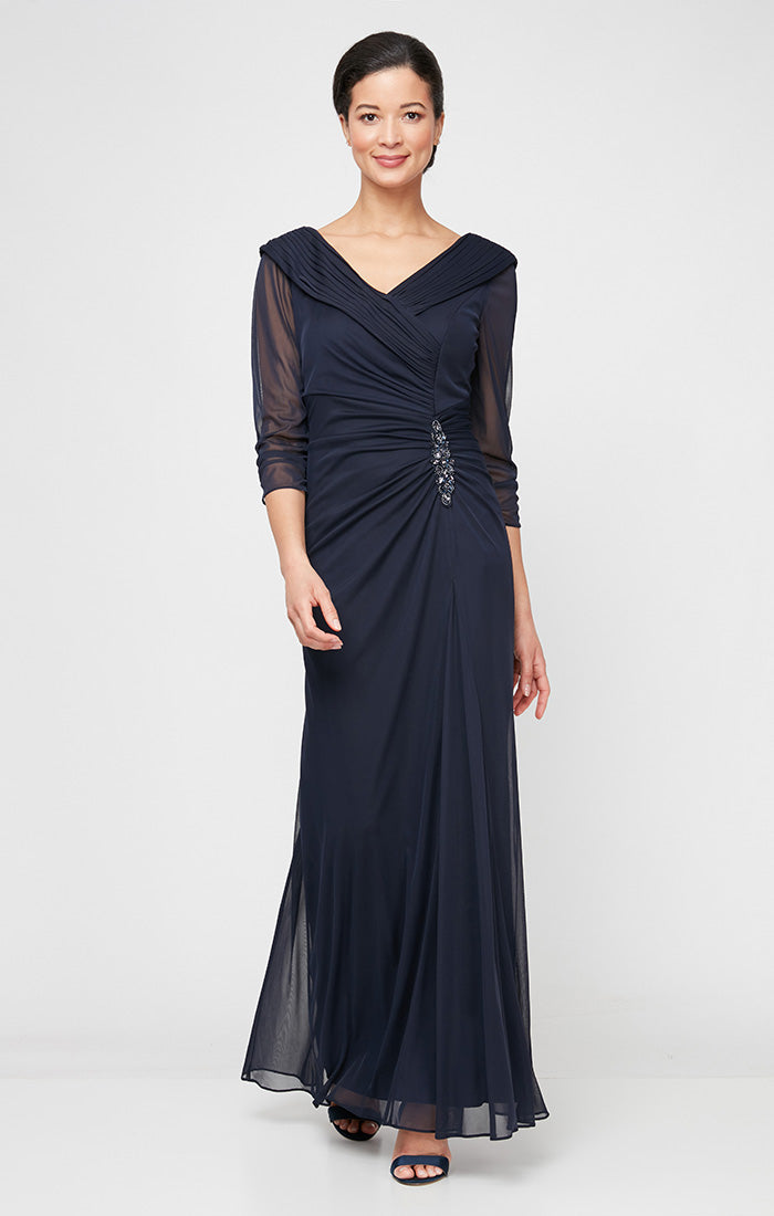 Long Portrait Collar Dress With Embellished Detail at Hip and Ruched Skirt Detail