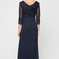 Long Portrait Collar Dress With Embellished Detail at Hip and Ruched Skirt Detail