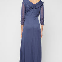 Long Portrait Collar Dress With Embellished Detail at Hip and Ruched Skirt Detail