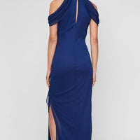 Mesh Beaded Halter Neck Dress with Cold Shoulder Sleeve and Cascade Ruffle Skirt