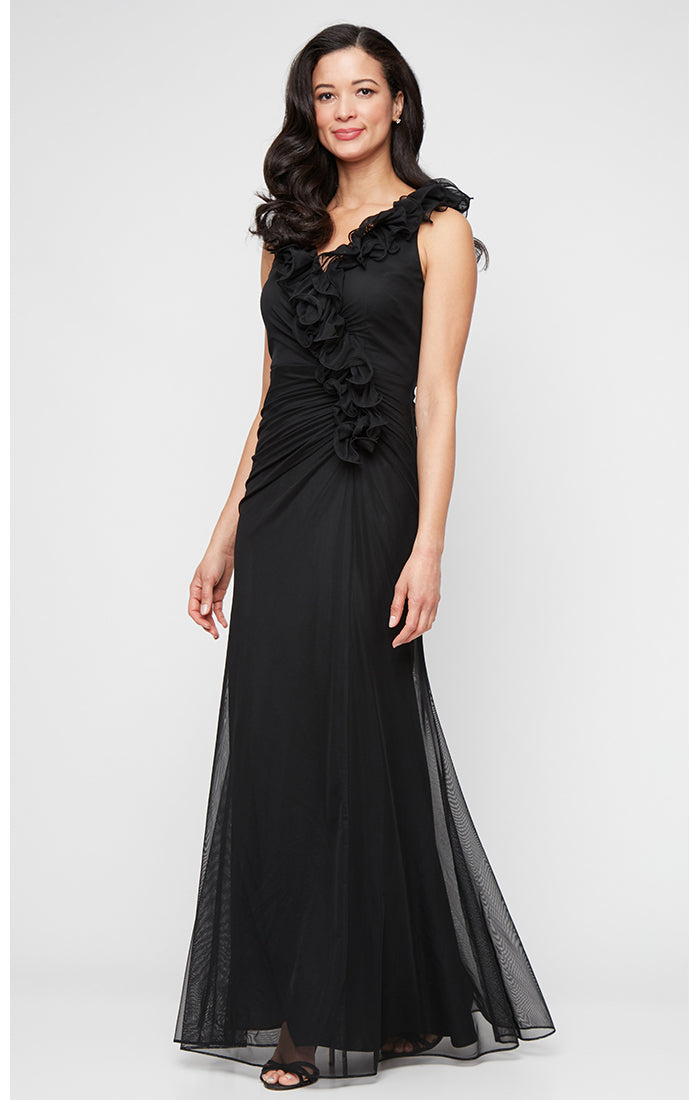 Long Mesh Surplice Halter Neck Dress with Ruched Waist Detail and Ruffle Neckline