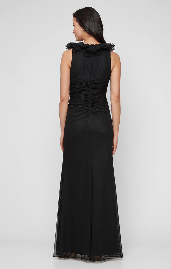 Long Mesh Surplice Halter Neck Dress with Ruched Waist Detail and Ruffle Neckline
