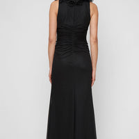 Plus Long Mesh Surplice Halter Neck Dress with Ruched Waist Detail and Ruffle Neckline
