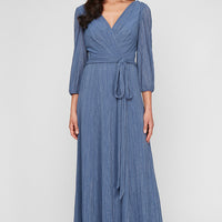 Long Micro Pleated Foil Mesh Dress with Surplice Neckline, Bubble Hem Sleeves and Tie Waist