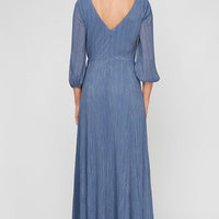 Long Micro Pleated Foil Mesh Dress with Surplice Neckline, Bubble Hem Sleeves and Tie Waist