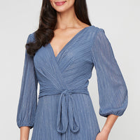 Long Micro Pleated Foil Mesh Dress with Surplice Neckline, Bubble Hem Sleeves and Tie Waist