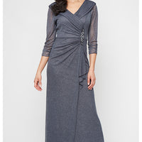 Petite Long Portrait Collar Glitter Mesh Dress with Illusion Sleeves and Embellished Ruched Waist Detail
