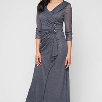 Long Portrait Collar Glitter Mesh Dress with Illusion Sleeves and Embellished Ruched Waist Detail