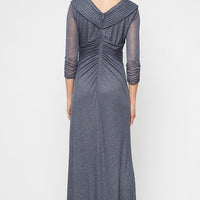 Long Portrait Collar Glitter Mesh Dress with Illusion Sleeves and Embellished Ruched Waist Detail
