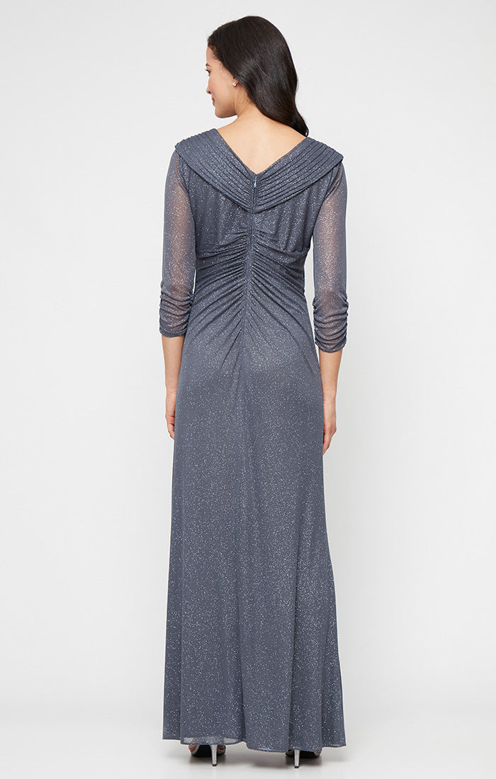 Petite Long Portrait Collar Glitter Mesh Dress with Illusion Sleeves and Embellished Ruched Waist Detail