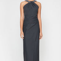 Long Halter Neck Column Dress With Embellishment at Neck and Overlay Skirt
