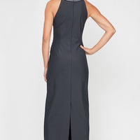Long Halter Neck Column Dress With Embellishment at Neck and Overlay Skirt