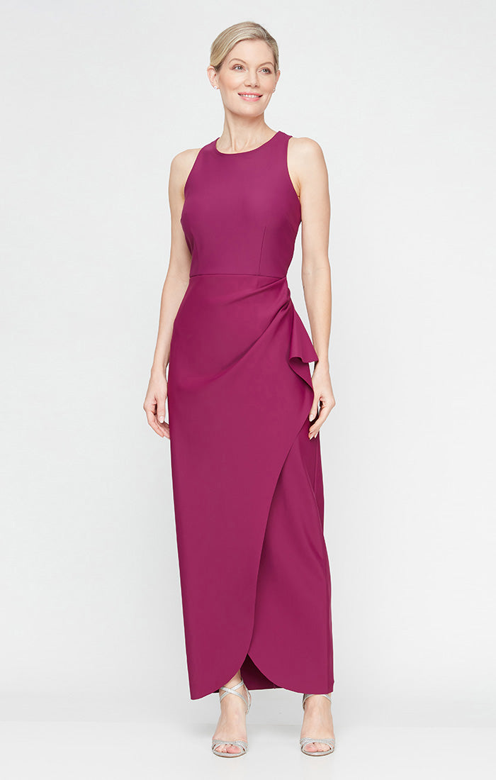 Petite - Sleeveless Contour Dress with Cutaway Halter Neckline and Cascade Detail Skirt
