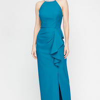 Regular - Embellished Halter Neckline Contour Dress with Cascade Skirt