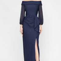 Petite - Long Off the Shoulder Contour Dress with Illusion Sleeves, Cascade Ruffle Skirt and Front Slit