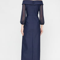 Petite - Long Off the Shoulder Contour Dress with Illusion Sleeves, Cascade Ruffle Skirt and Front Slit