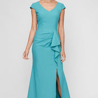 Regular - Contour V-Neck Gown with Cap Sleeves & Cascade Ruffle Skirt