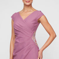 Petite - Long Contour Dress with Surplice Neckline, Cap Sleeves, Tulip Overlay Skirt and Beaded Embellishment at Hip