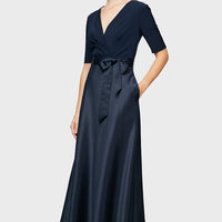 Surplice Neckline Ballgown with Full Satin Skirt & Jersey Bodice